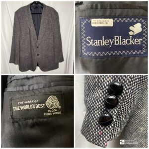 STANLEY BLACKER Blazer 100% Wool Tweed Two Button Long Mens 46L Black White